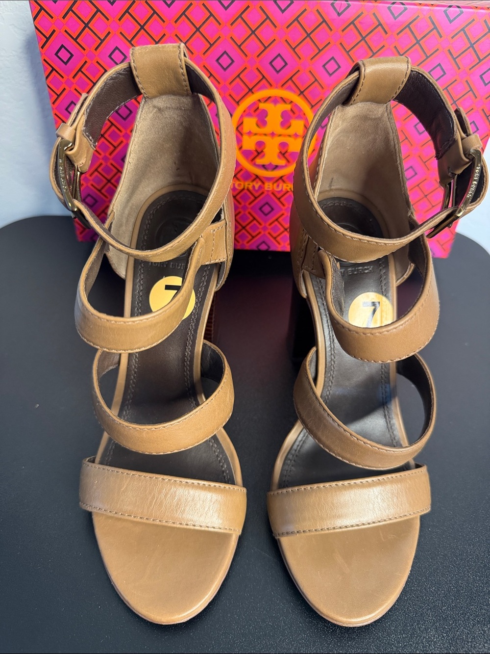Tory Burch Tan Leather Multi-Strap Block Heel Sandals